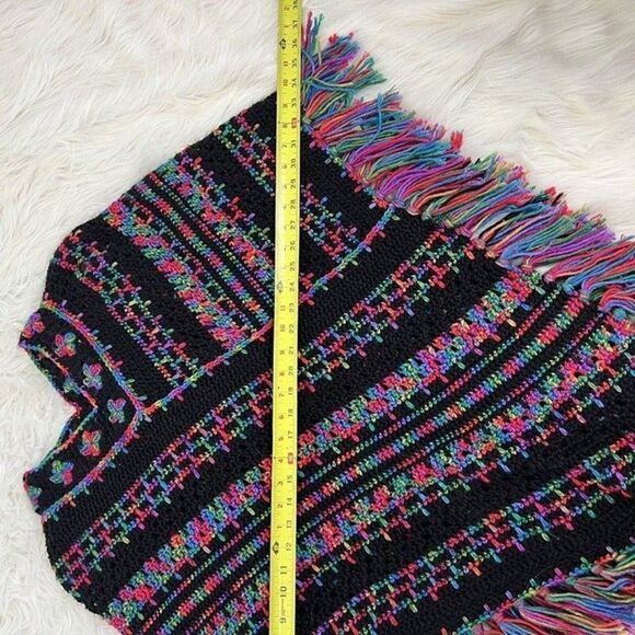 Crocheted Handmade Boho Black Rainbow Loose Knit Fringe Shawl Poncho Sweater OS - Picture 6 of 12